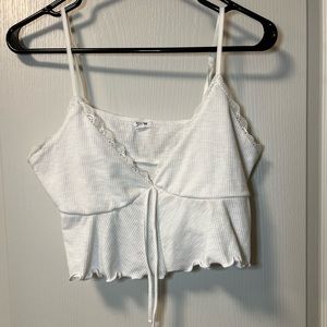 Garage White V-Neck Cropped Flowy Tank-Top With Ribbon Tie Detail, Lace Trim